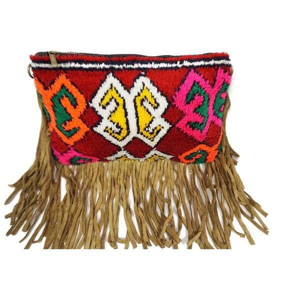 Moroccan Vintage Bag Suede Leather Fringe Clutch Kilim Rug - Picture 4 of 9